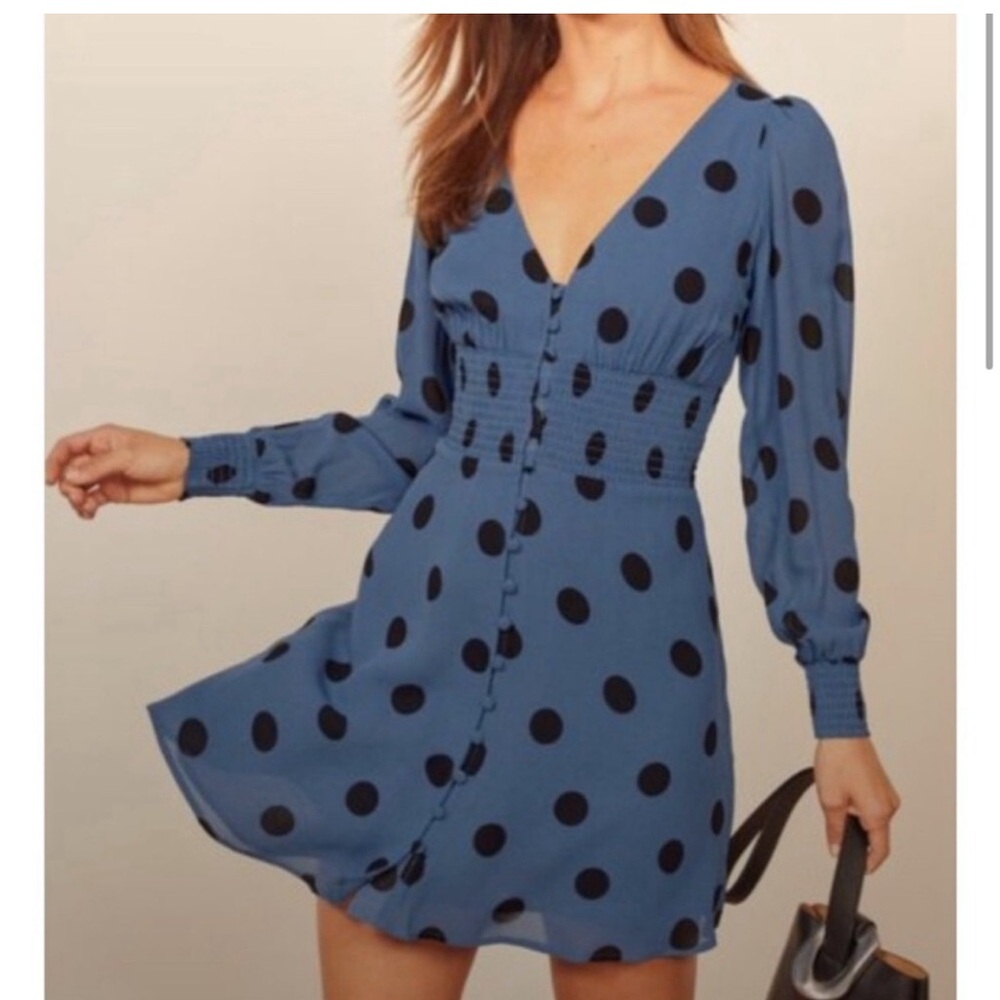 Reformation Alani Blue with Black Polka Dot Mini Dress-see size note